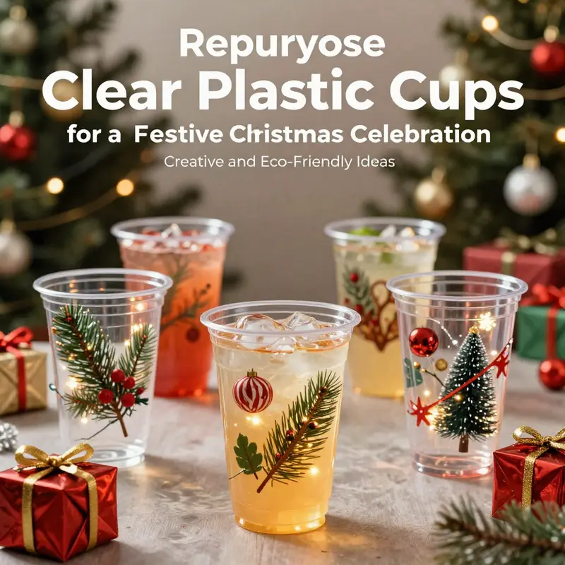Various repurposed clear plastic cups decorated for Christmas, displaying lights, flowers, and gifts.