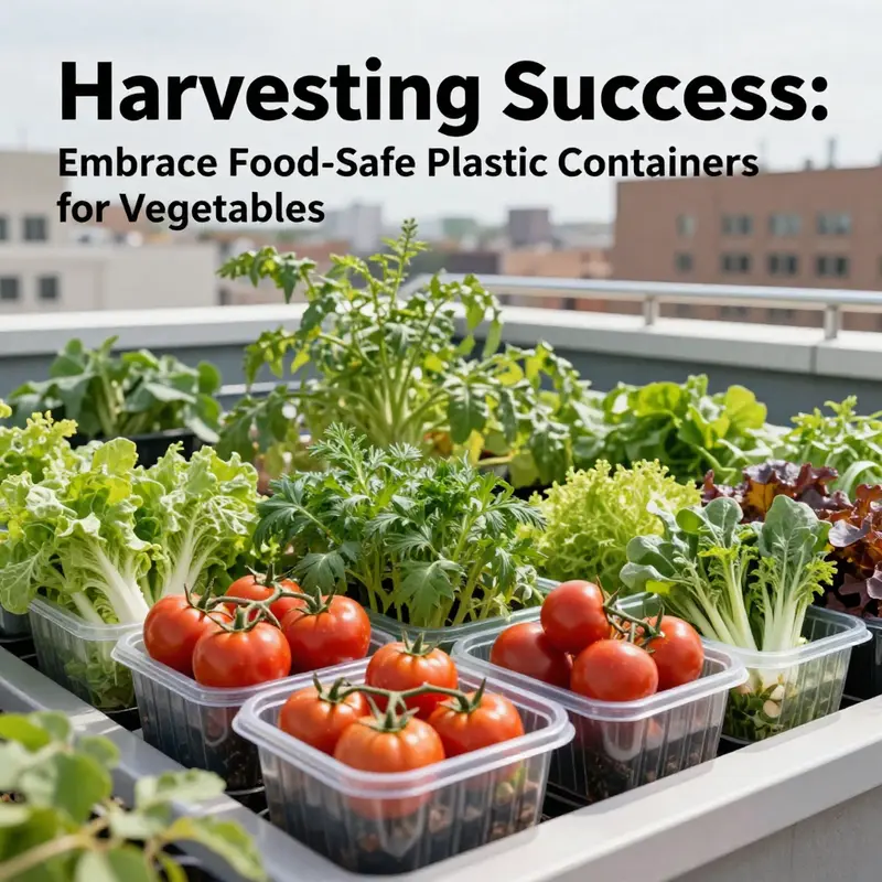 Rooftop garden with diverse vegetable growth in food-safe plastic containers.