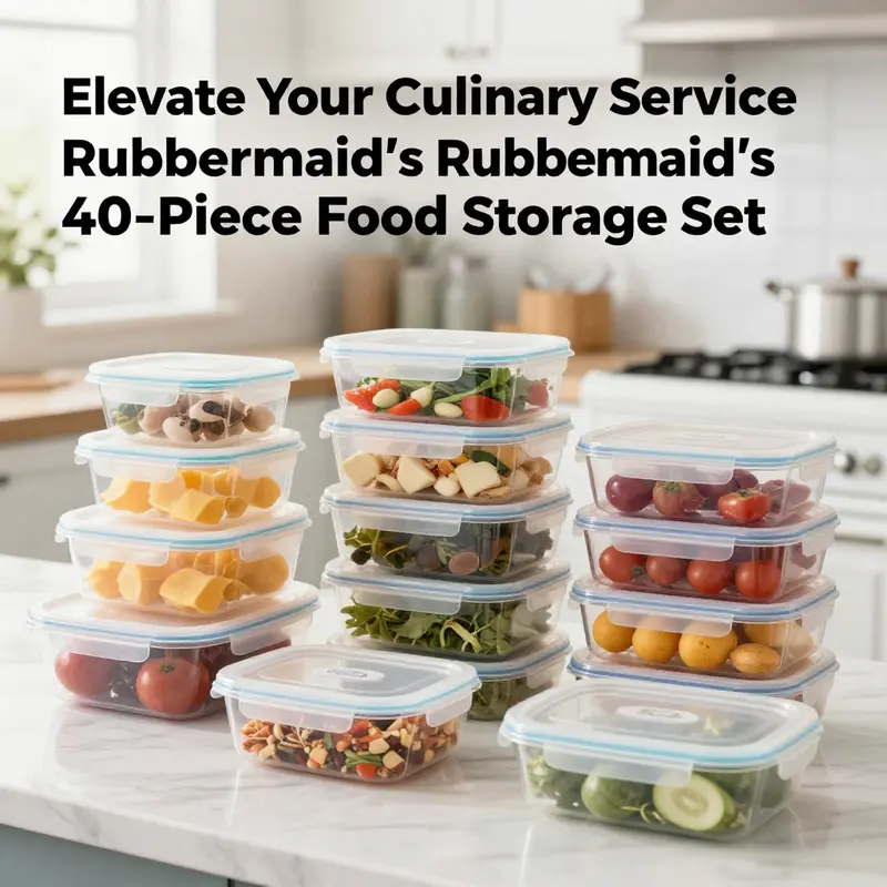 Rubbermaid 40-piece food containers filled with colorful foods, displayed in a lively kitchen environment.