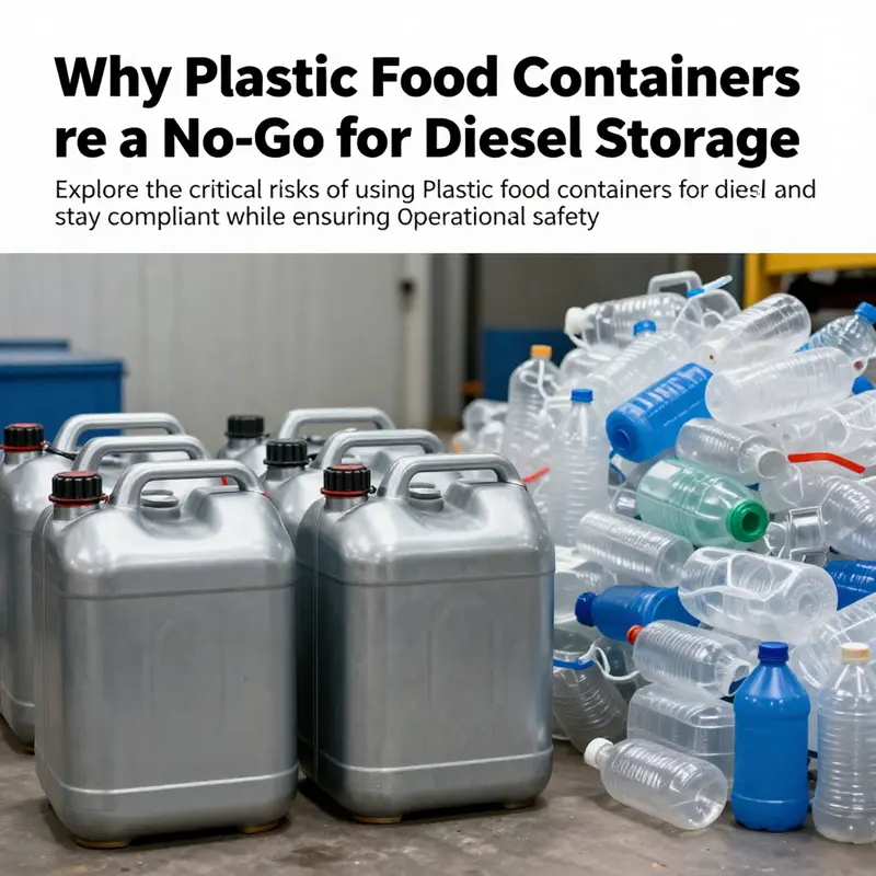 Overview of safe diesel storage using approved metal containers in a professional setting.
