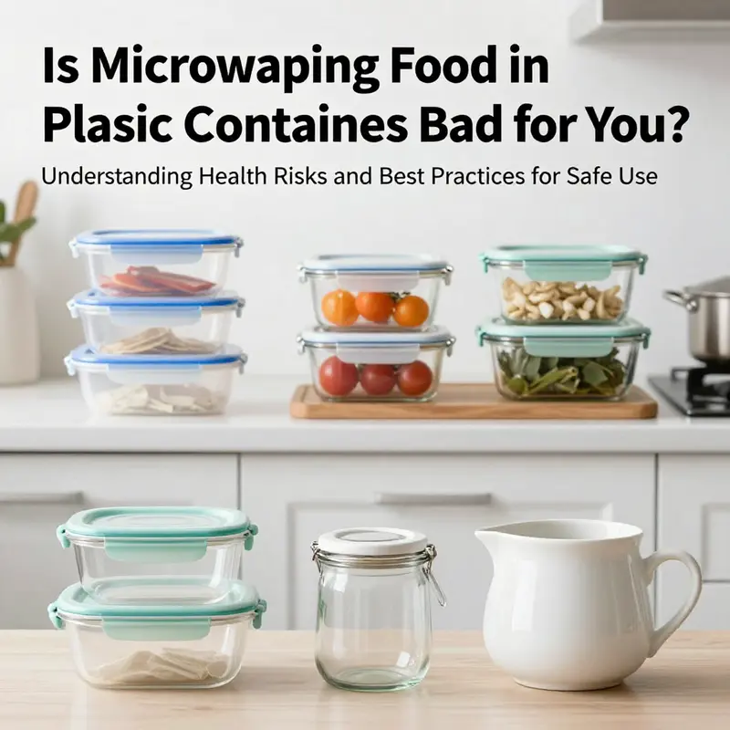 Overview of a kitchen demonstrating safe food storage, contrasting plastic containers with safer alternatives.