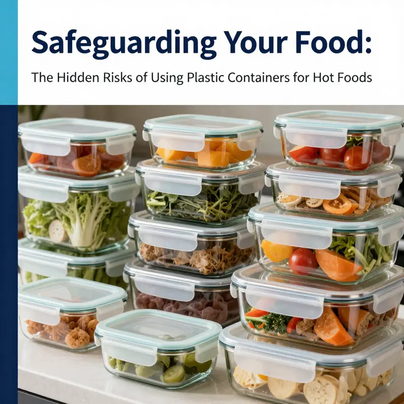 Illustration highlighting the risks of chemical leaching when hot food is stored in plastic containers.