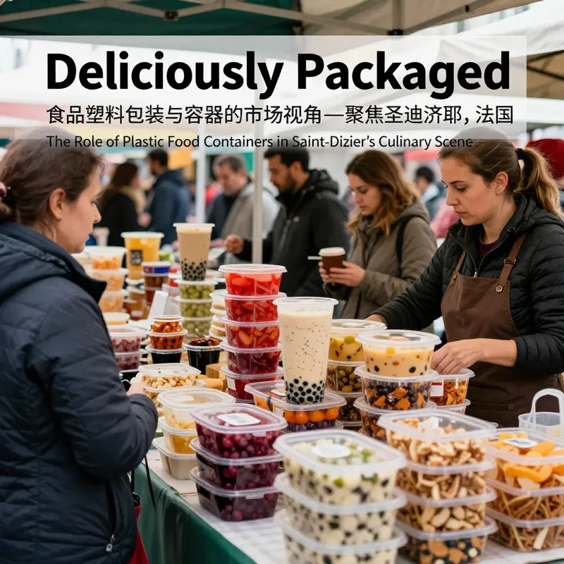 A vibrant market in Saint-Dizier illustrating the diverse uses of plastic food containers in the culinary environment.