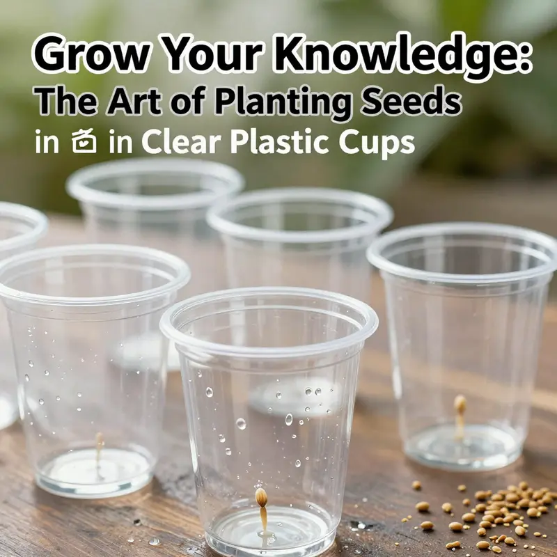 Display of materials needed for planting seeds in clear plastic cups.