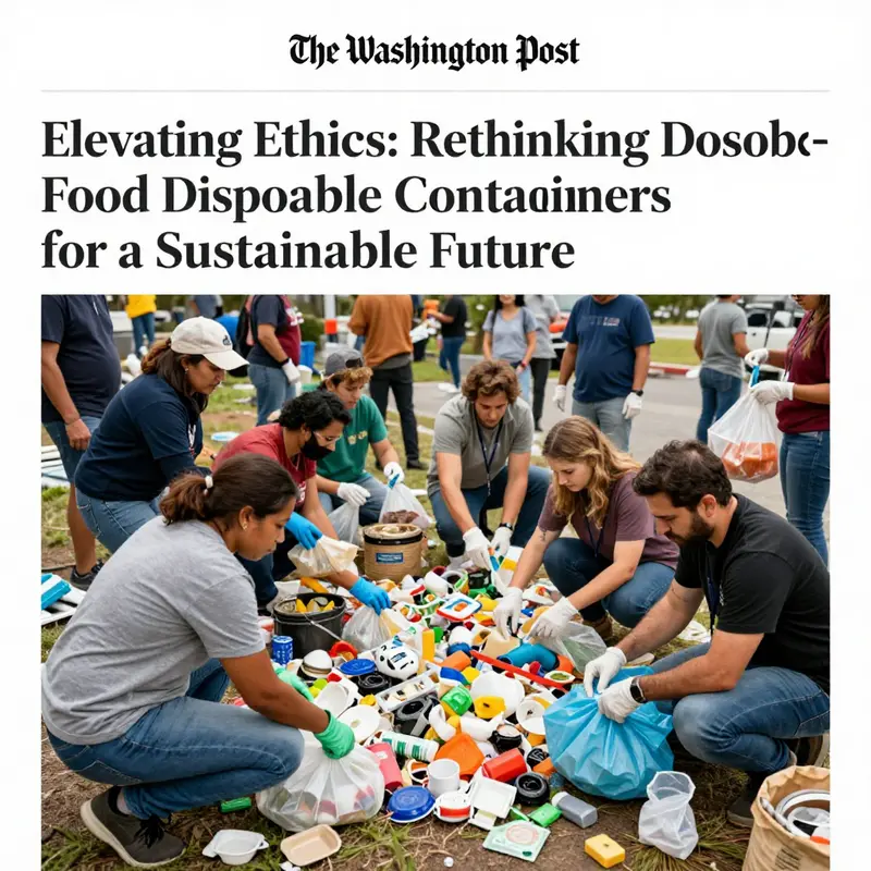 The environmental impact of disposable food containers, juxtaposed with polluted nature.