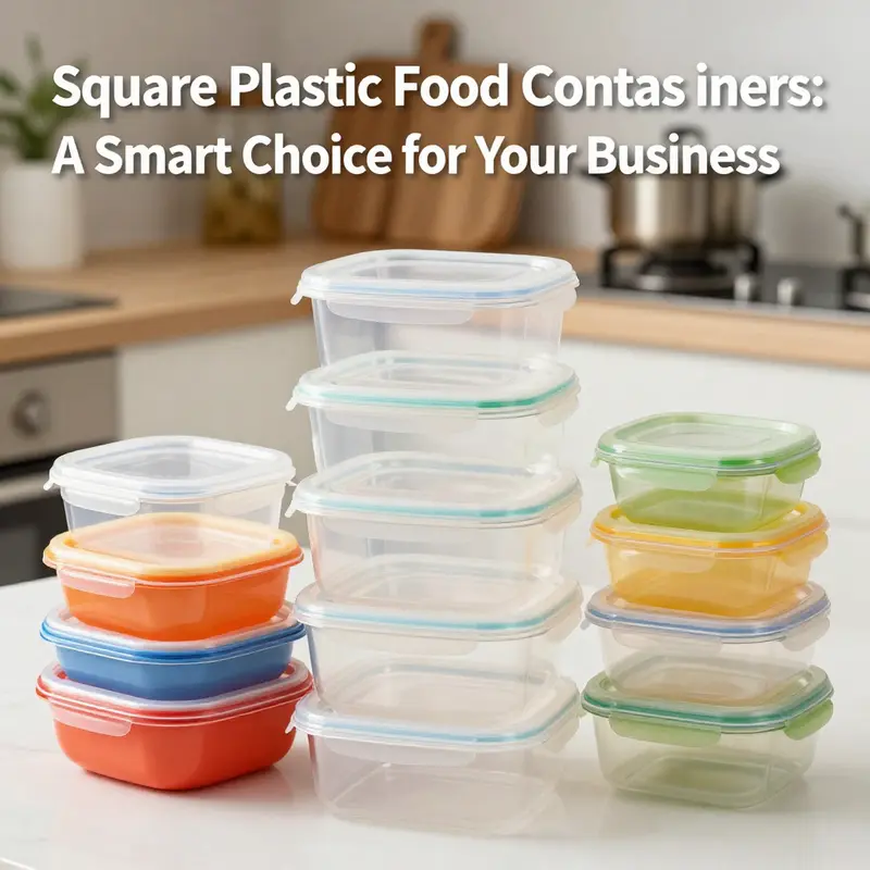 Various square plastic food containers demonstrating their versatility and key features for wholesale customers.
