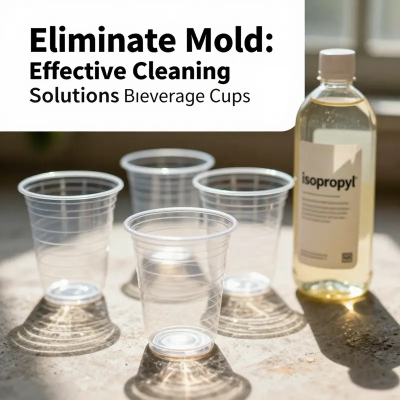 Plastic cups soaking in a vinegar solution to eliminate mold.
