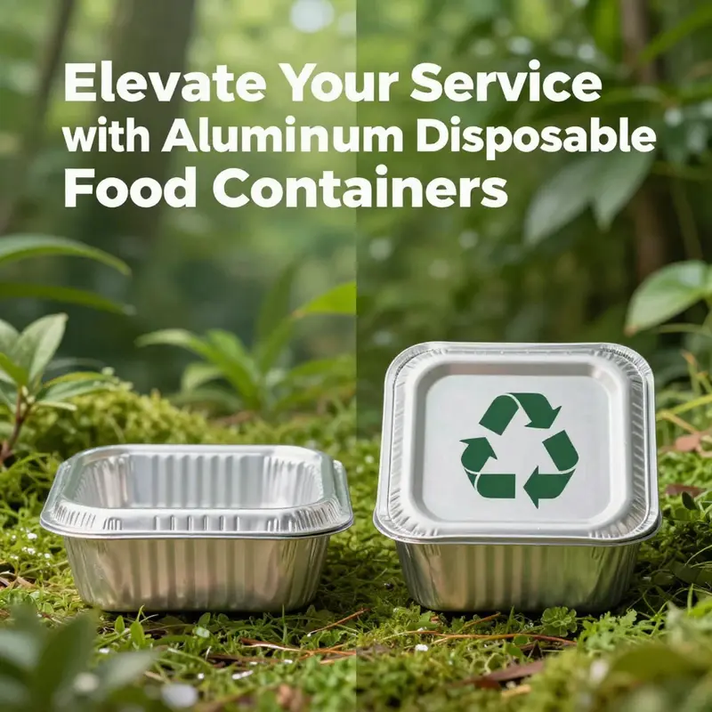 A variety of aluminum food containers in a lively food service environment.