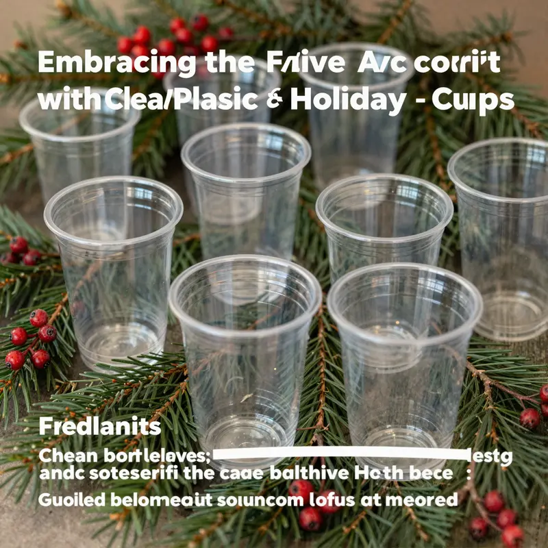 Eco-friendly clear plastic cups showcased with natural decor, highlighting sustainability efforts.