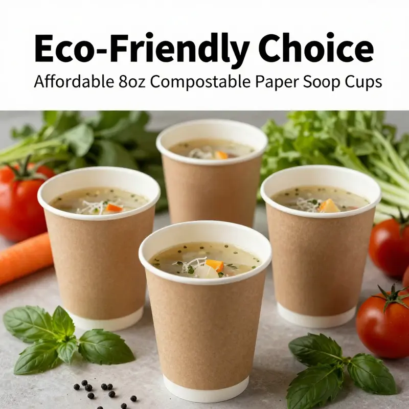 Kraft paper soup cups filled with vibrant soup, showcasing their eco-friendly nature amidst fresh ingredients.
