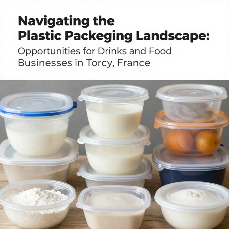 A vibrant scene of food and beverage businesses utilizing plastic packaging containers in Torcy.