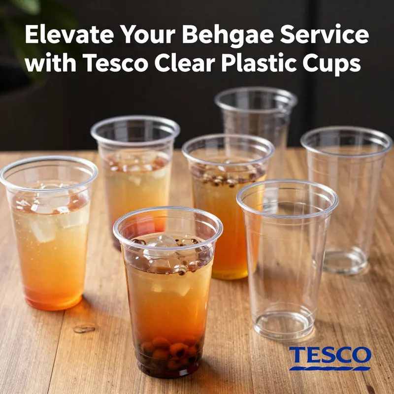A variety of Tesco clear plastic cups showcasing their quality and versatility for different beverages.