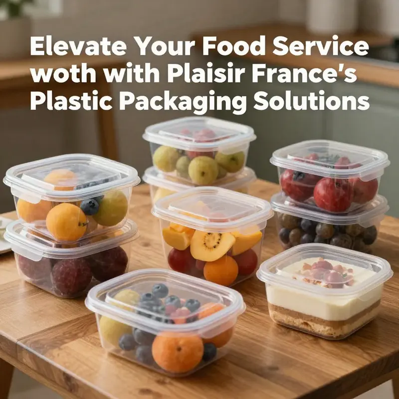 A display of transparent plastic food containers featuring an assortment of fruits and desserts, showcasing the versatility of Plaisir France’s offerings.