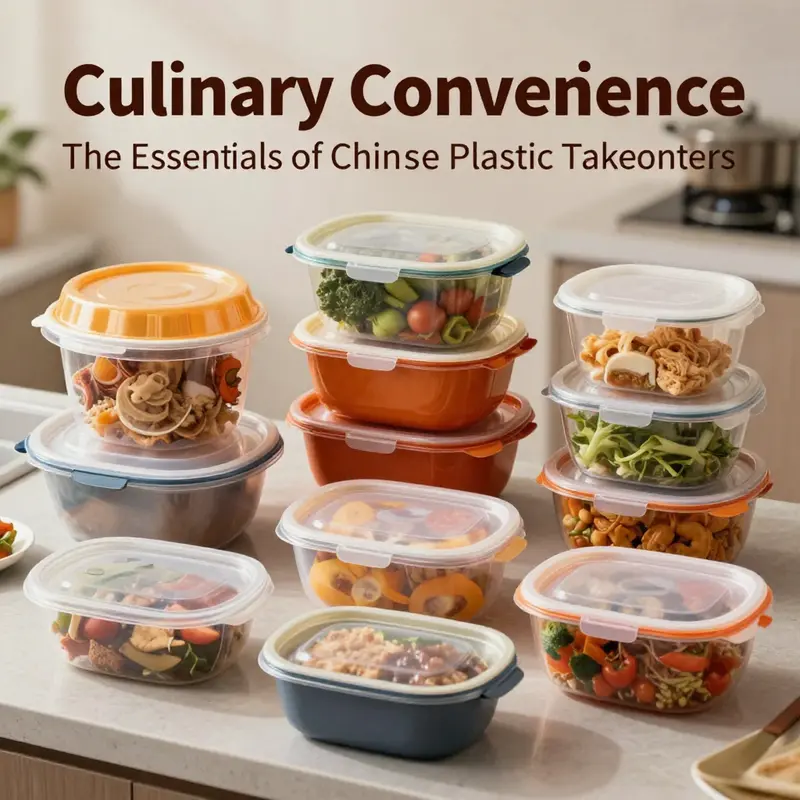 A showcase of diverse Chinese food plastic takeout container types tailored for a variety of cuisines.