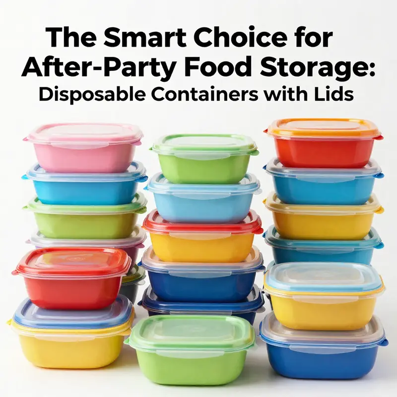 A variety of disposable food containers with lids catering to different types of after-party food.