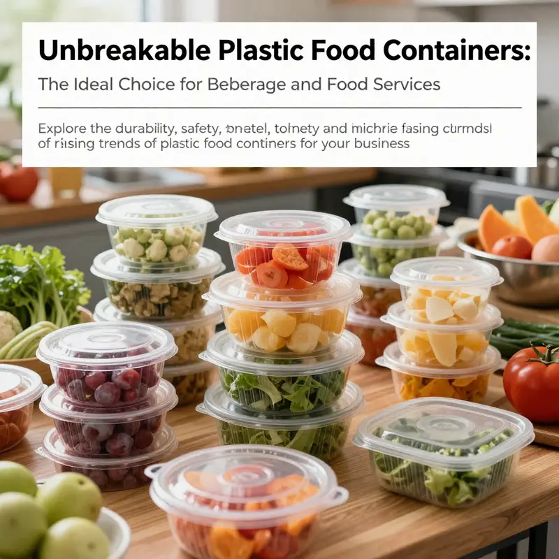 A vibrant and colorful cover image showcasing different unbreakable plastic food containers filled with various fresh foods in a food service context.