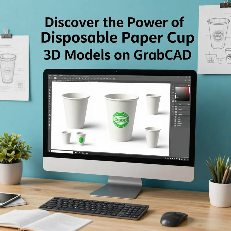 A designer’s workspace displaying innovative disposable paper cup models on GrabCAD.