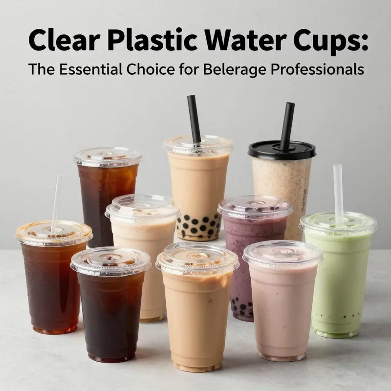 Materials such as PP and PET shown alongside the clear plastic cups, emphasizing safety and durability.