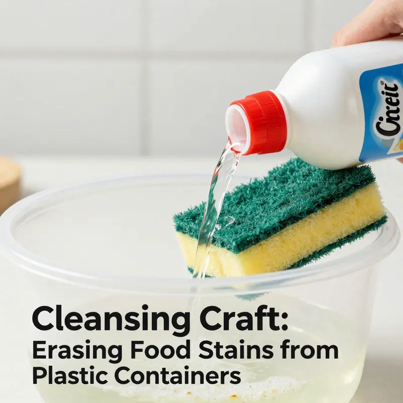 Applying baking soda paste to remove stubborn food stains from plastic containers.