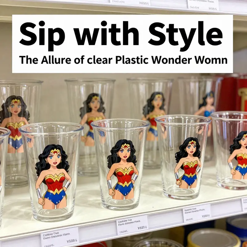 A captivating view of the Clear Plastic Cartoon Wonder Woman Coffee Cup emphasizing its colorful design and glitter accents.