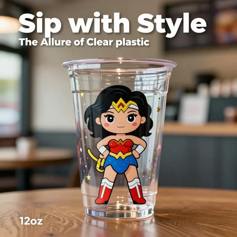 A captivating view of the Clear Plastic Cartoon Wonder Woman Coffee Cup emphasizing its colorful design and glitter accents.
