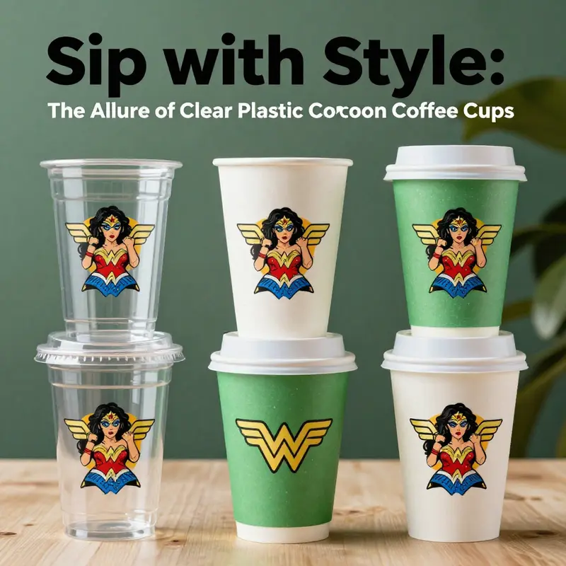 A captivating view of the Clear Plastic Cartoon Wonder Woman Coffee Cup emphasizing its colorful design and glitter accents.