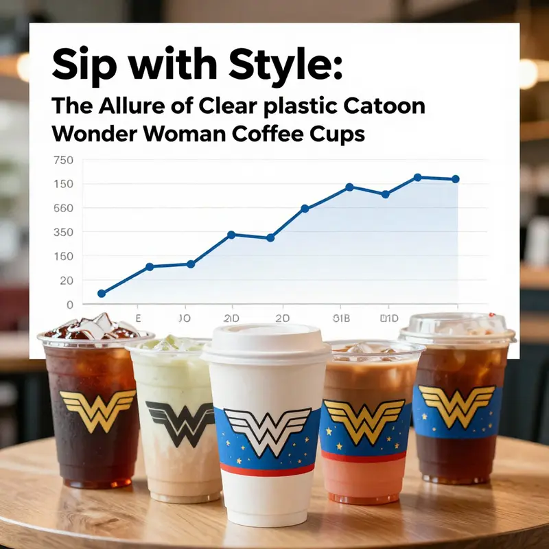 A captivating view of the Clear Plastic Cartoon Wonder Woman Coffee Cup emphasizing its colorful design and glitter accents.