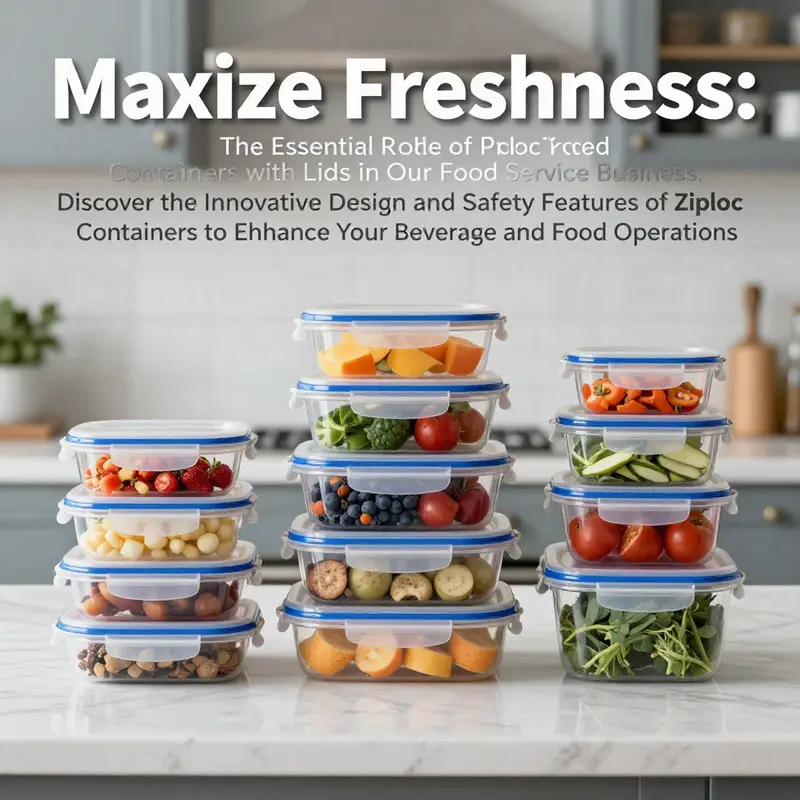 An elegant display of Ziploc plastic food storage containers with lids in a kitchen, showcasing their role in food service.