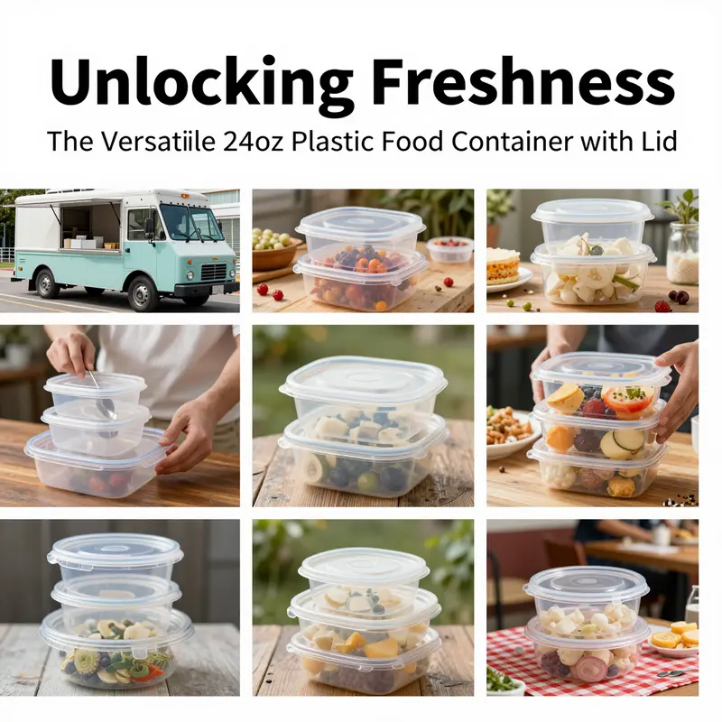 A variety of 24oz plastic food containers showcasing different materials such as PP and PET.