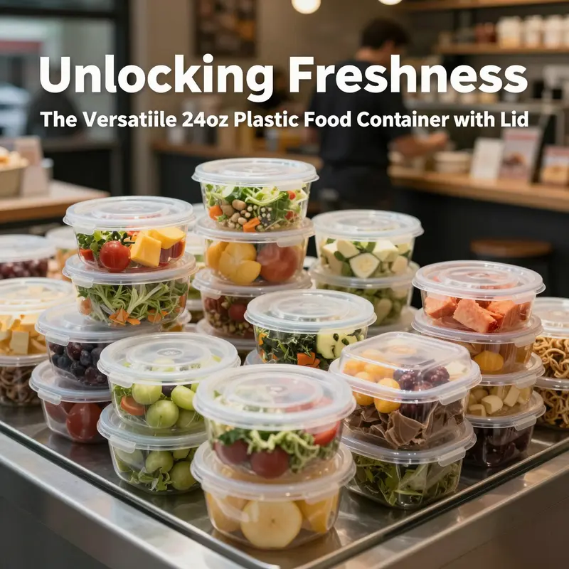 A variety of 24oz plastic food containers showcasing different materials such as PP and PET.