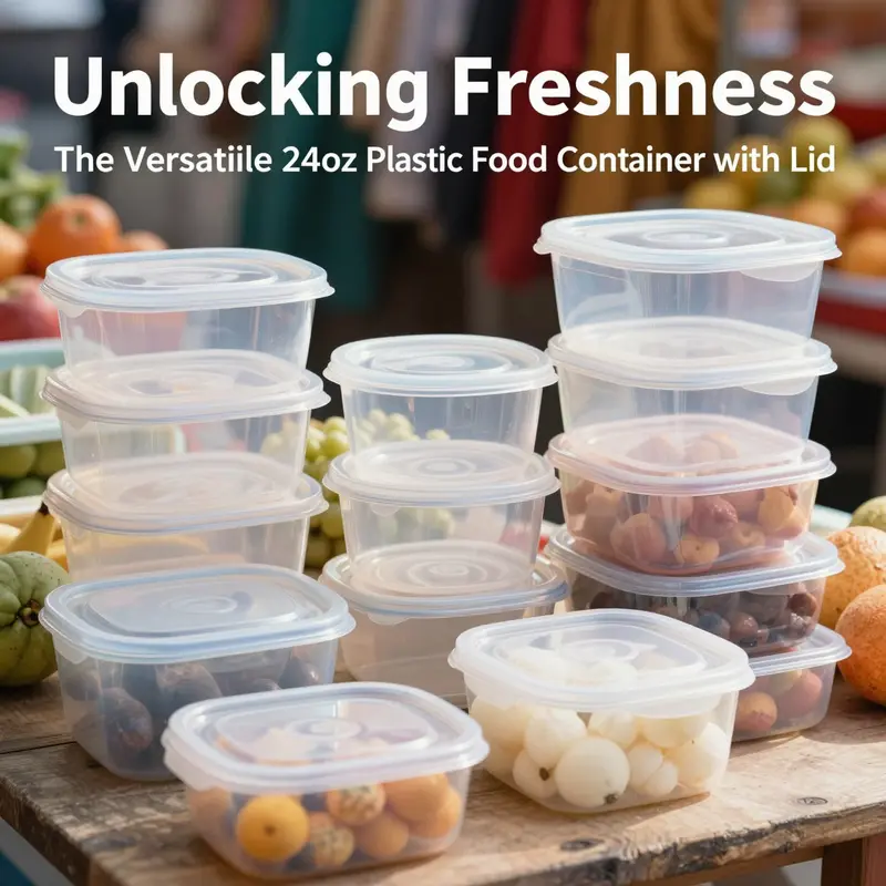 A variety of 24oz plastic food containers showcasing different materials such as PP and PET.