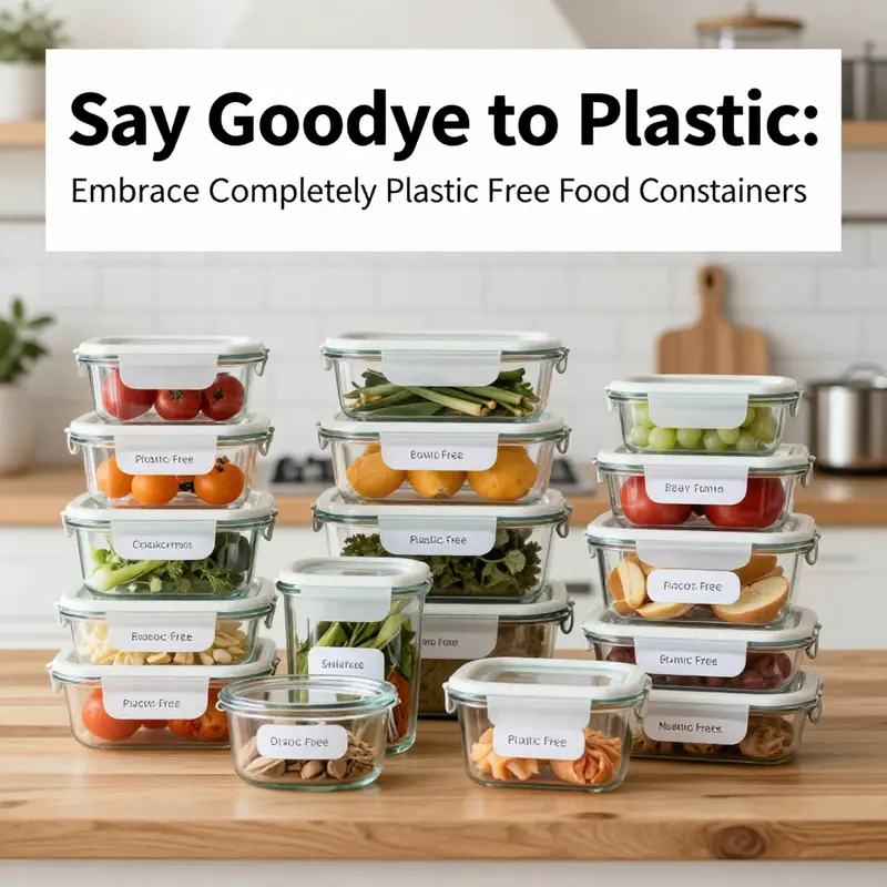 A variety of glass containers filled with healthy food options, promoting a plastic-free lifestyle.