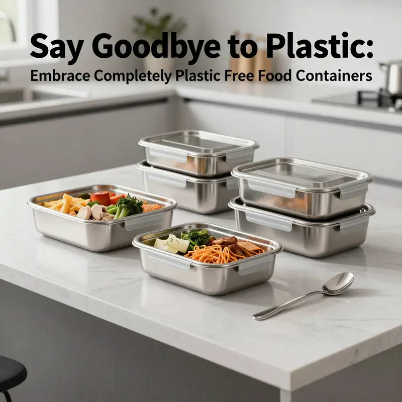 A variety of glass containers filled with healthy food options, promoting a plastic-free lifestyle.