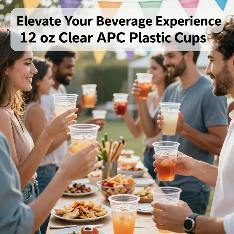 A stack of glossy clear 12 oz APC plastic cups displaying their elegant design.