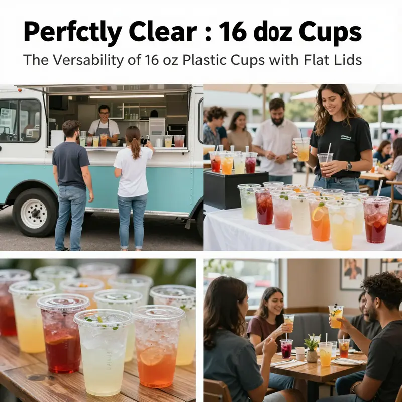 An assortment of 16 oz clear plastic cups showcasing their versatility with various cold beverages.