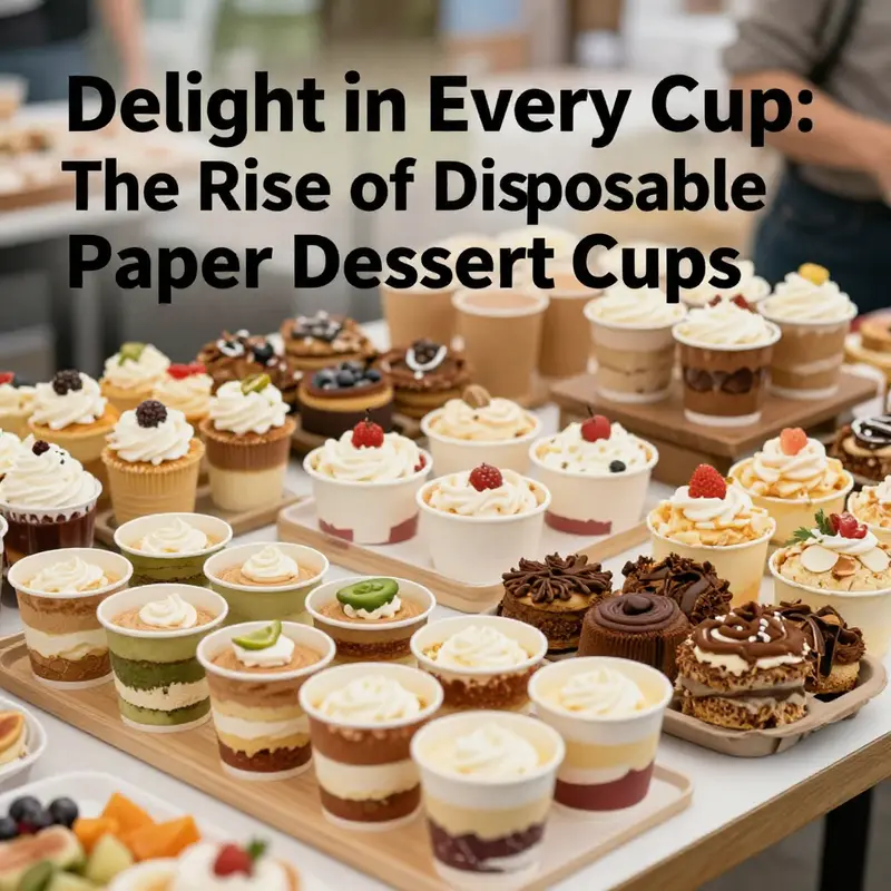 Visual representation of materials used and the manufacturing process of disposable paper dessert cups.