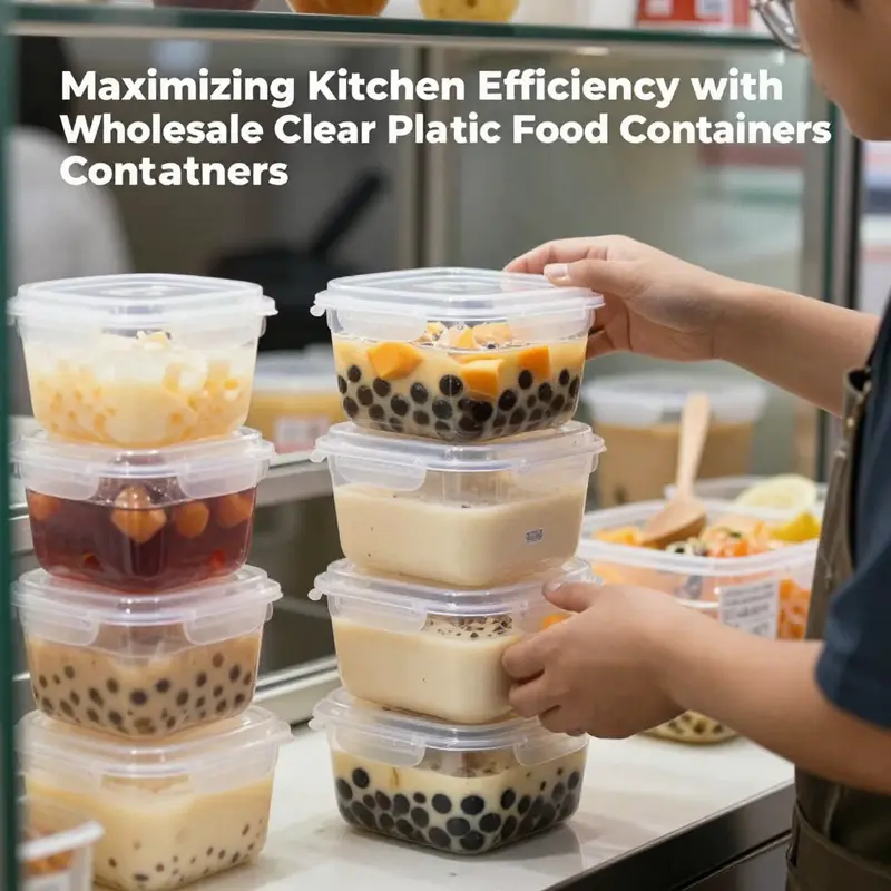 A diverse selection of clear plastic food storage containers highlighting their visibility and organization potential for food businesses.