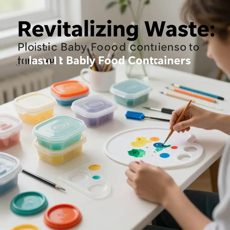 Repurposed baby food containers serve as organized storage solutions for craft supplies.