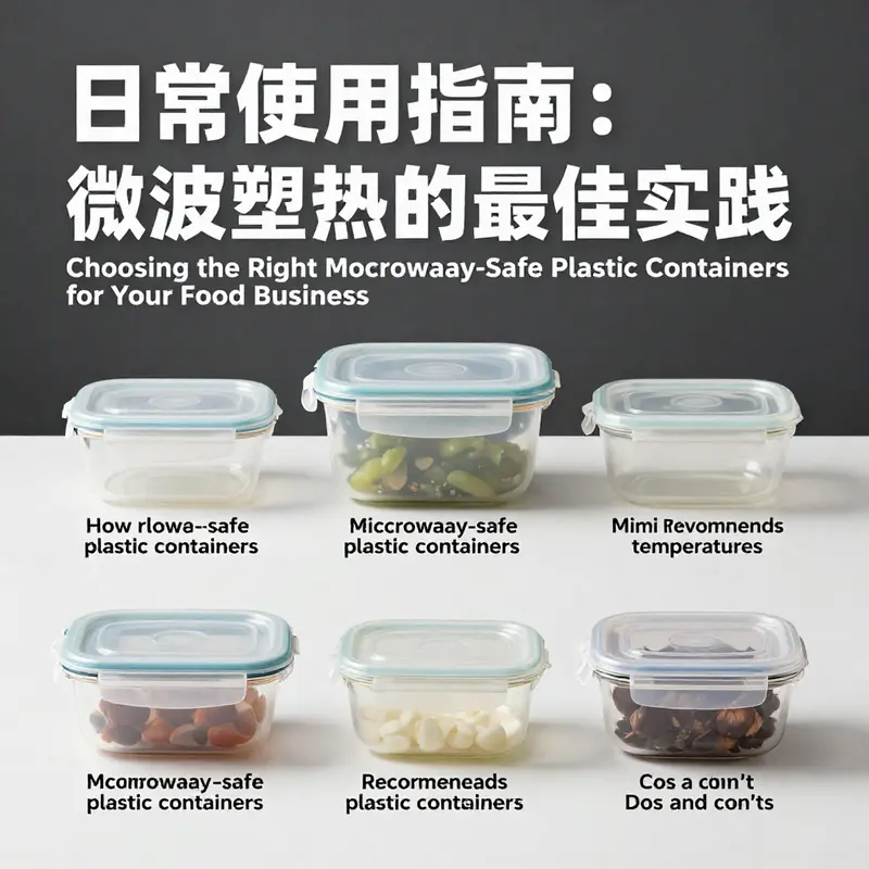 Diverse microwave-safe plastic containers labeled for safe food storage.