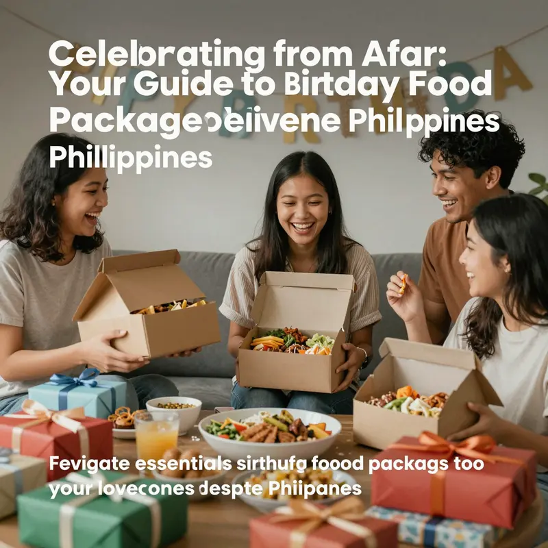A joyful family celebrating a birthday with colorful food packages sent from loved ones.
