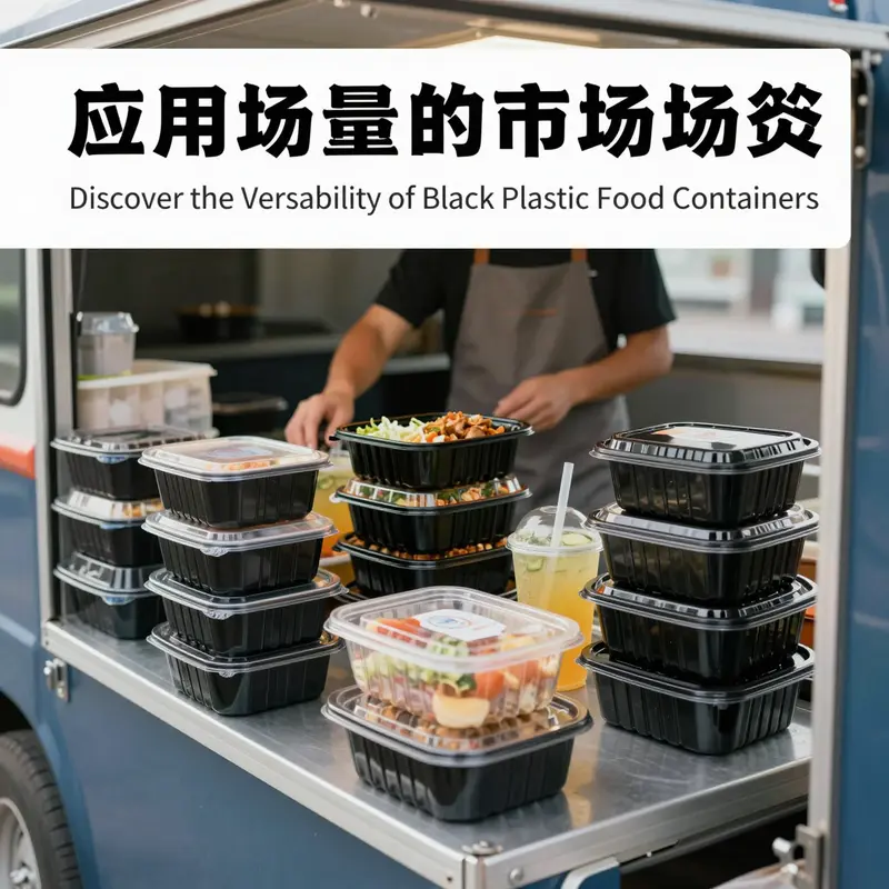 A variety of black plastic food containers showcasing their diverse applications in food service.