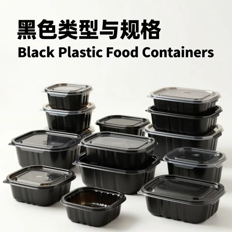 A variety of black plastic food containers showcasing their diverse applications in food service.