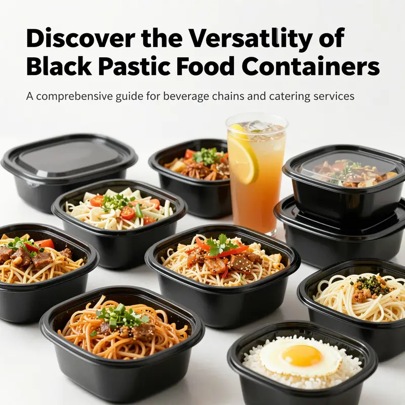 An eye-catching feature image showcasing black plastic food containers artistically filled with colorful dishes and drinks.
