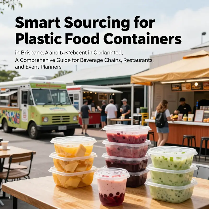 A vibrant photo of Brisbane's food scene with food trucks and restaurants displaying colorful plastic food containers.