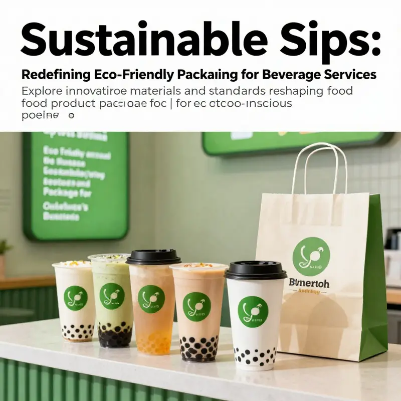 Indoor scene of a bubble tea shop featuring eco-friendly packaging like biodegradable cups and paper bags with green signage on sustainability.