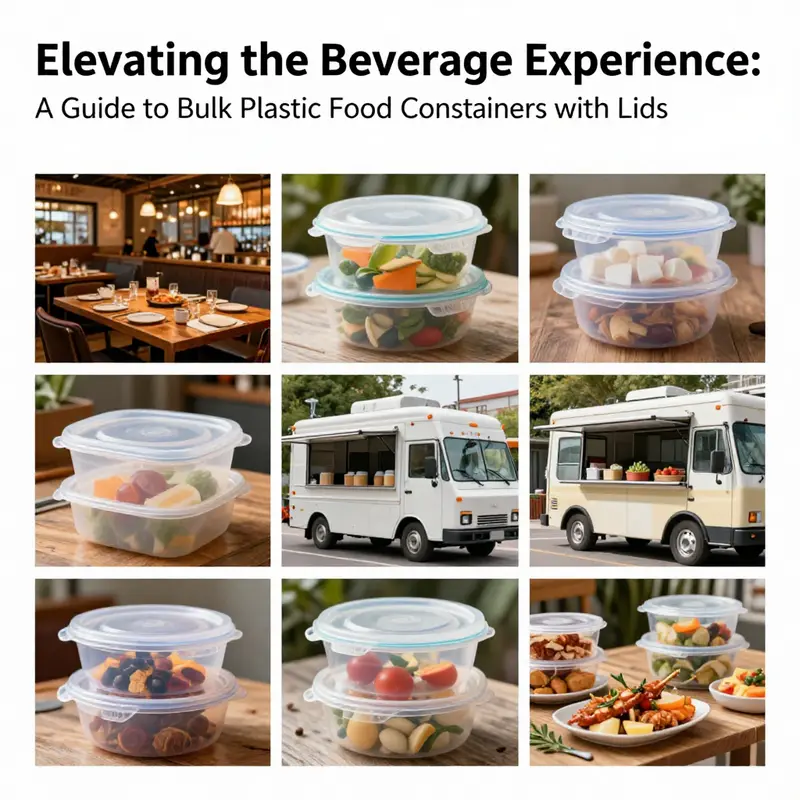 A collage displaying bulk plastic food containers used in various food service scenarios.