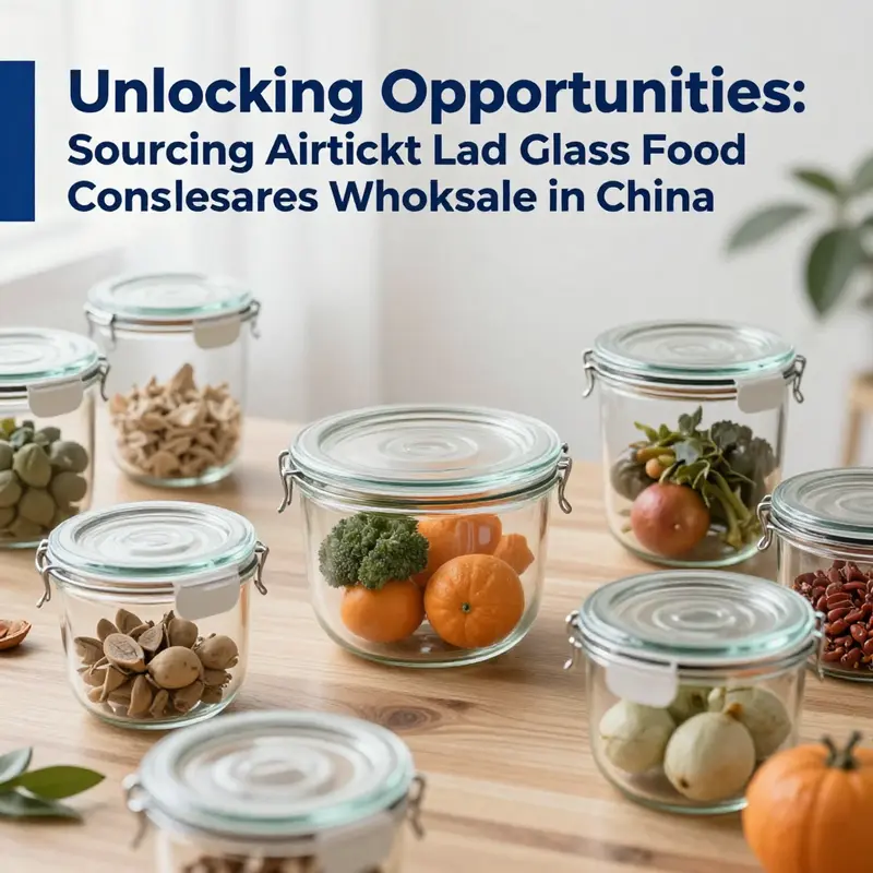 A diverse selection of airtight lid glass food containers, highlighting sizes and designs available from wholesalers.