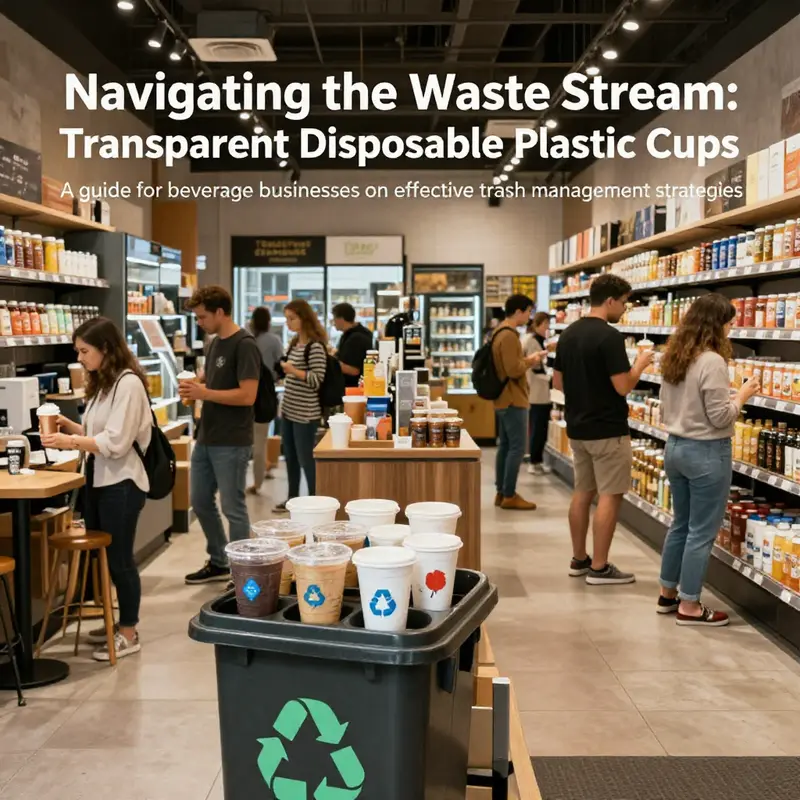 A bustling beverage shop filled with customers, featuring clear recycling bins for transparent disposable plastic cups.