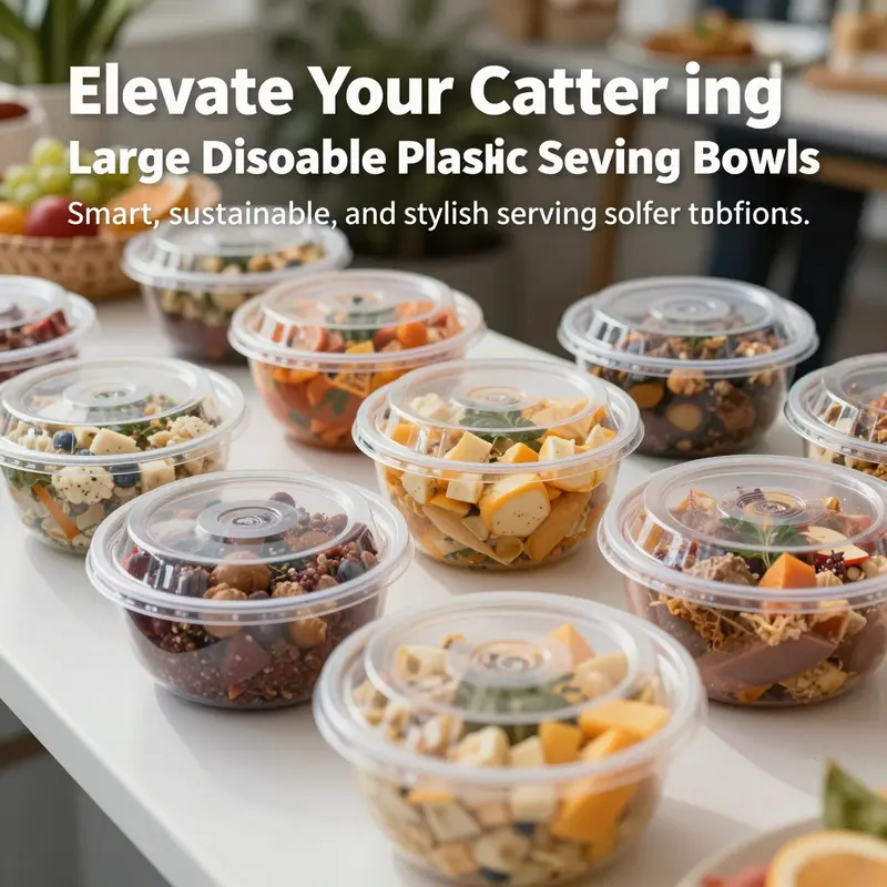 A beautifully arranged catering table featuring large disposable plastic serving bowls filled with a variety of cuisines.