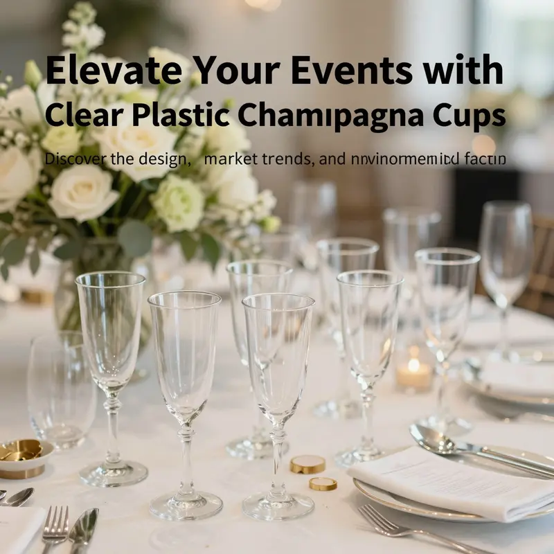 A festive table setup with clear plastic champagne cups, decorated with flowers, highlighting the elegance of disposable tableware.